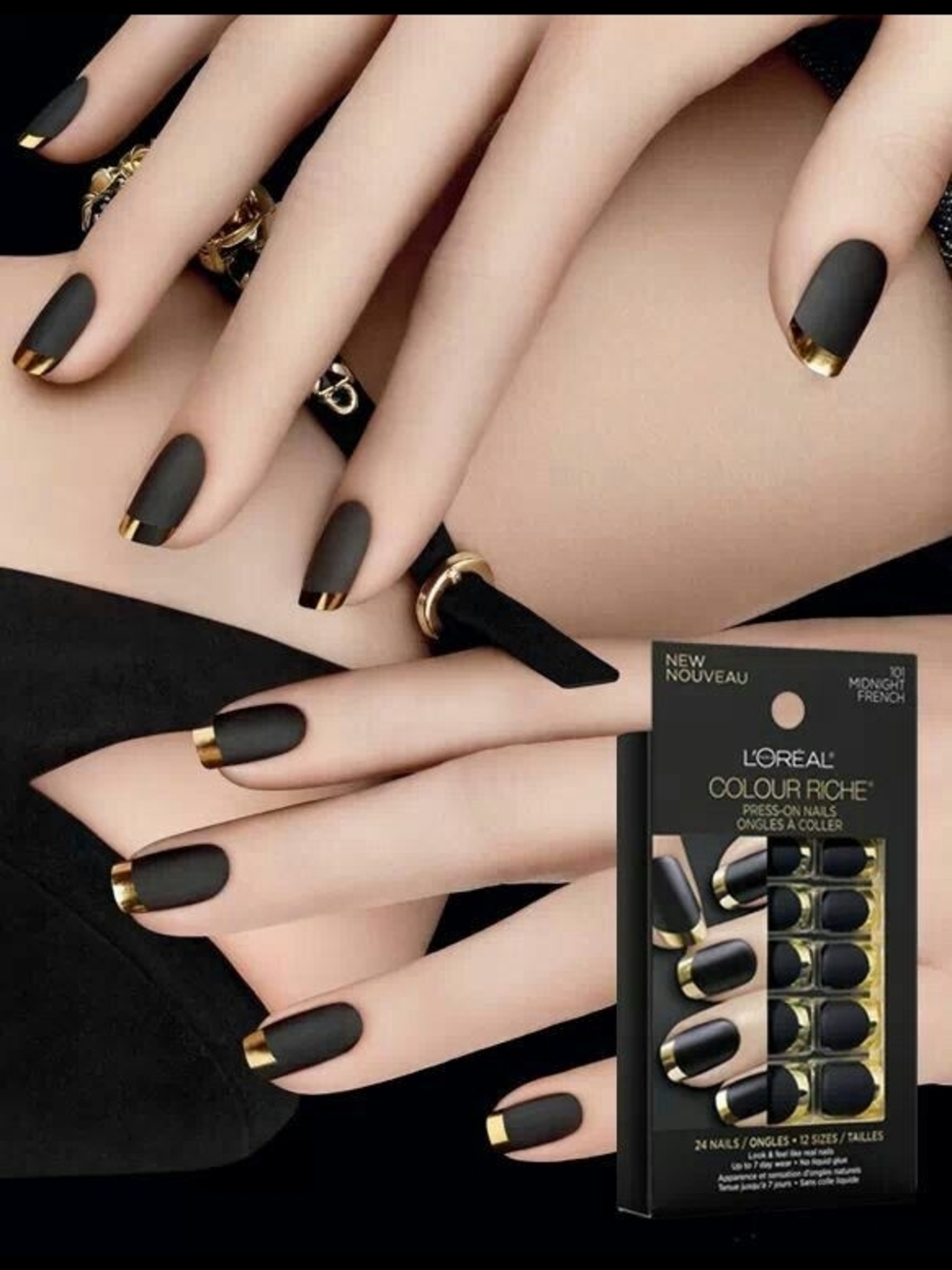 L'Oréal Colour Riche Press-On Nails — Matte Black with Gold French Tips